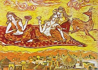 Anflug auf Teheran, Holzschnitt, 50x60